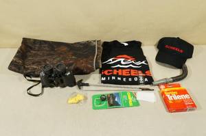 lot 86 image: Assorted Sporting -Duck Call, Binoculars, Fishing Line, Hat & Shirt