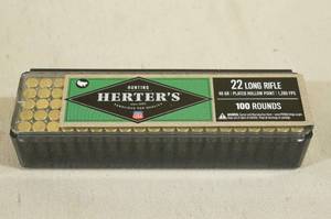 lot 168 image: 100 Herters .22 LR 40 Gr Plated HP Ammo