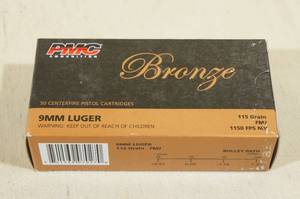 lot 169 image: 50 PMC Bronze 9mm Luger 115 Gr FMJ Ammo