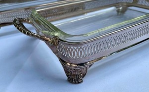 Two Pyrex Baking Dishes in Silver Plate Holders  Stands