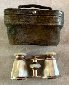 Vintage Mother of Pearl Opera Glasses and a Large Wooden Handled Magnifying Glass