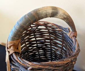 Unique Horn Handle Woven Basket with Leather Accents
