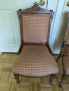 Pair of Antique Victorian Carved Wood Plaid Side Chairs