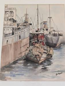 Framed Watercolor Boat Painting by V. S. Morris