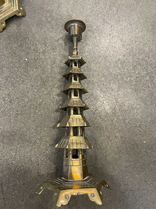 lot 24 image: Pair of Vintage Brass PAGODA TOWER 6 Stories Candlestick Holders 10 tall