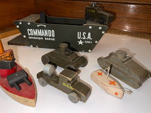 lot 139 image: Tillicum, kit various wooden us army trucks, duck boat, ship, tank