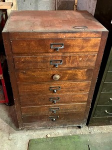 lot 11 image: Vintage Wooden Rolling Tool Cabinet (37 x 23 x 17.5) with Contents
