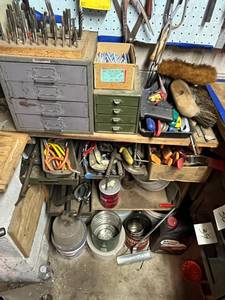 lot 50 image: Tool Lot #5 - Clamps, Vintage Metal Storage Containers, Punches, Cleaning Brushes, and More