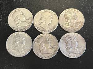 6 - Franklin Half Dollars 1954D, 1963D, 2-1959D,1952 & 1957D
