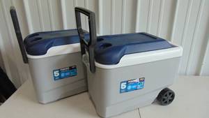 lot 11 image: 2 Pack IGLOO MaxCold Roller Cooler 40 qt. Blue Model # 8137879 Store SKU # 1005852519