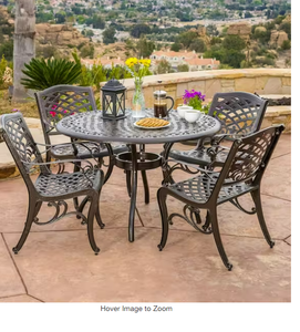 lot 21 image: Noble House Sarasota Bronze Finish 5-Piece Cast Aluminum Circular Outdoor Dining Set Model # 2794 Store SKU # 1002913872