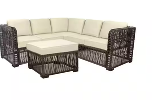 lot 24 image: Exclusive Hampton Bay Grand Isle 4-Piece Wicker Outdoor Patio Sectional Seating Set with Beige Cushions Internet # 307993774 Model # 65-18243
