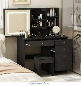 lot 33 image: 5-Drawers Black Wood LED Push-Pull Mirror Makeup Vanity Sets Dressing Table Sets with Stool and 3-Tier Storage Shelves  Model # KF210141-04 Store SKU # 1008570773