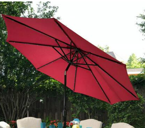 lot 42 image: Sun-Ray 9 ft. Round Market Solar Lighted Umbrella in Scarlet Model # 841002 Store SKU # 1004632258