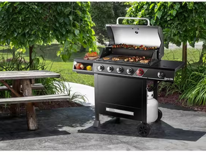 lot 28 image: Dyna-Glo 5-Burner Natural Gas Grill in Matte Black with TriVantage Multi-Functional Cooking System Internet # 318918183 Model # DGH474CRN-D