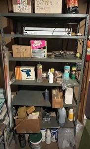 lot 66 image: Metal Storage Shelf (6 Tall) with Contents - Tile Cutter and More