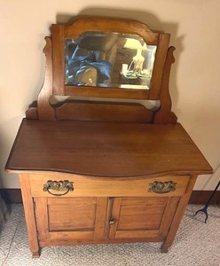 lot 76 image: Vintage Storage Cabinet with Mirror (34 Wide x 17.5 Deep x 43 Tall with Mirror)