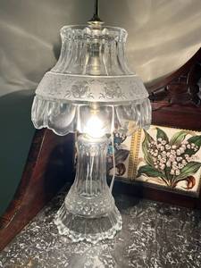 lot 153 image: Beautiful 16 Rare All Glass Hurricane Bedside Lamp with Floral Patterns in Good Working Condition