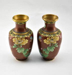 lot 115 image: Pair of Metal Cloisonne Floral Vases in Red