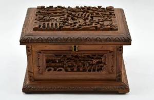 lot 122 image: Chinese Wooden Jewelry Box with High Relief Carvings