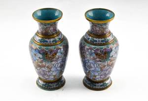 lot 124 image: Pair of Butterfly Garden Cloisonne Vases in Lilac and Blue
