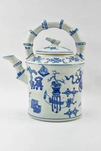 lot 93 image: Blue and White Porcelain Teapot with Bamboo Style Handle