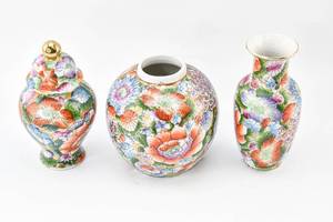 lot 150 image: Two Colorful Floral and Gilt Vases and Lidded Urn