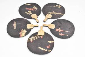 lot 146 image: 5 Japanese Hand Painted Black Lacquer Wooden Paddle Fans