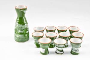 lot 144 image: 12 Piece Green and White Ceramic Sake Set