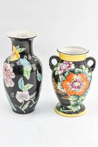 lot 136 image: Two Small Black Vases with Multicolored Flowers