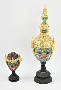 lot 196 image: Pair of Hand Painted Miniature Thai Khon Masks on Stands
