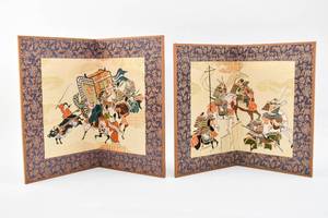 lot 153 image: Pair of Japanese Byobu Miniature Folding Screens of Oxcart & Horses