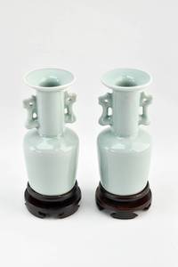 lot 157 image: Pair of Porcelain Vases with Phoenix Handles and Stands