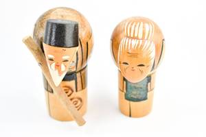 lot 169 image: Pair of Wooden Japanese Elderly Couple Kokeshi Dolls