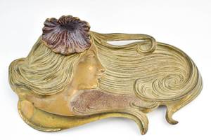 lot 201 image: Cast Brass Art Nouveau Woman with Flower Inkwell