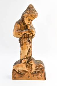 lot 246 image: Vintage European Wood Carving of a Shepherd Playing Flute