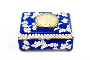 lot 61 image: Blue Chinese Cloisonne Trinket Box with Jade or Similar