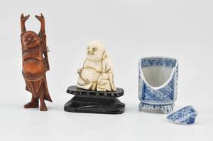 lot 180 image: Two Miniature Buddhas and One Broken Ceramic Piece