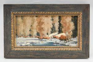 lot 276 image: Signed Oil Painting of a Frozen Forest