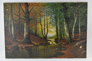 lot 191 image: Forest Scene Painting on Canvas Singed Bartels, Torn Canvas