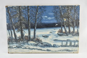 lot 216 image: Winter Scene Oil Painting on Canvas Signed V. Shearer 1950, Torn Canvas
