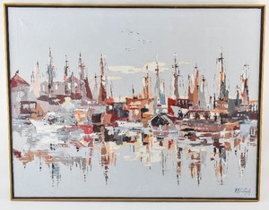 lot 275 image: Large Oil Painting of Abstracted Harbor Signed Varga
