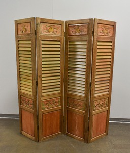 lot 133 image: Large Double Sided Painted Wood 4 Panel Screen