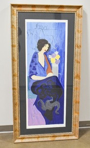 lot 28 image: Large Woman in Blue Serigraph by Itzchak Tarkay