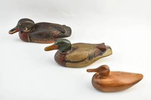 lot 50 image: 3 Unmarked Carved Wood Mallard Decoys