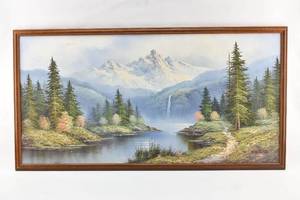 lot 132 image: Mountainside Landscape Oil Painting on Canvas signed K. White