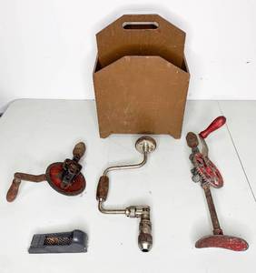 lot 254 image: Tool Box with Manual Drills, Drill Bits, and Miscellaneous Hardware