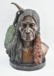 lot 198 image: Pewter Bust Style Sculpture of Native American with Feather
