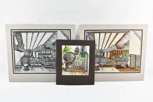 lot 304 image: 3 Interior Design Drawings Featuring Peacock Style Chair