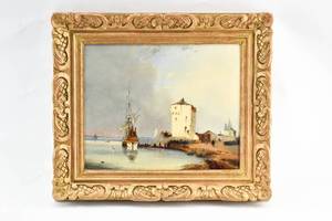 lot 200 image: Varnished Harbor Painting on Board Signed E. or B. Sano